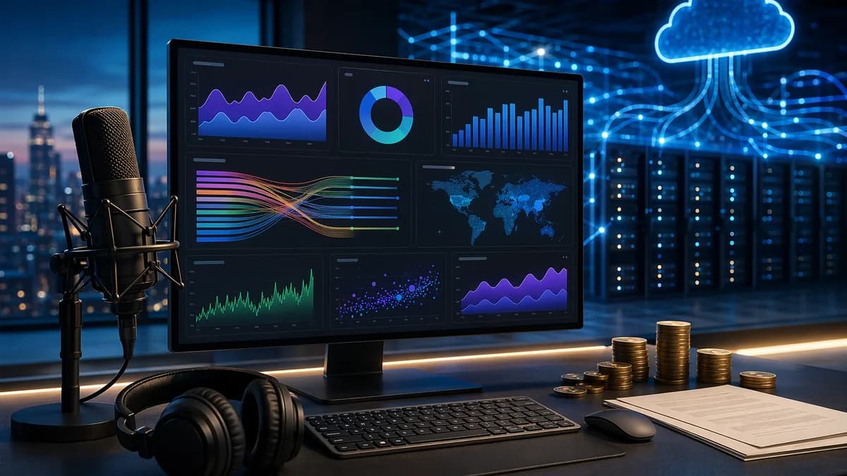 Podcast analytics SaaS dashboard with cloud infrastructure and sponsor revenue visuals