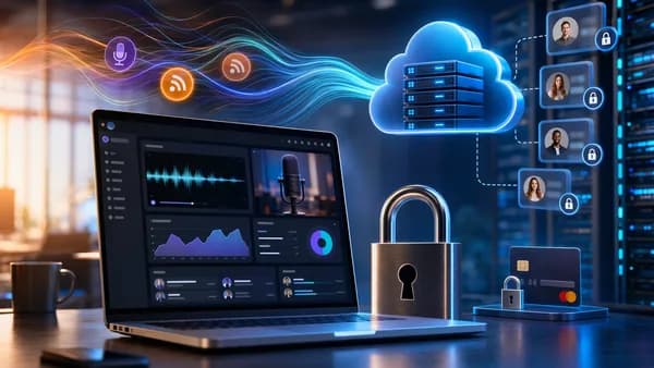 Secure podcast hosting dashboard with cloud servers, access locks, analytics, and subscriber tools