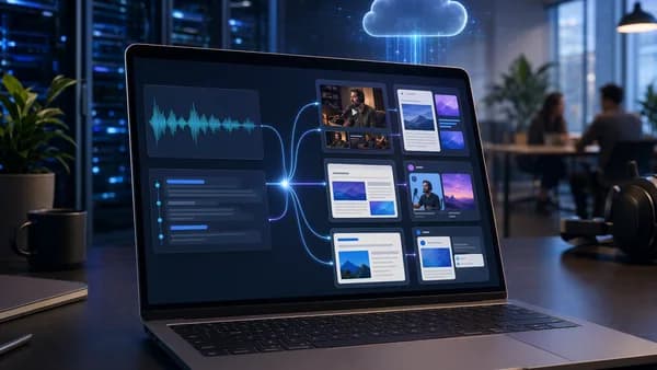 SaaS dashboard visualizing one podcast episode repurposed into multiple content assets