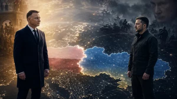 Tense Ukraine-Poland divide on a glowing world map as eastern pressure looms.
