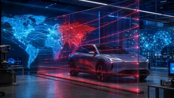 Unbranded electric SUV blocked by digital barrier in futuristic tech showroom