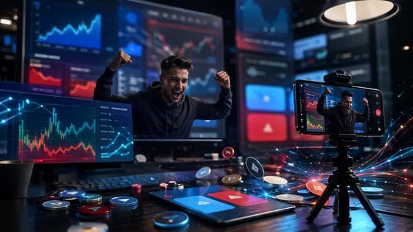 Creator films a staged fintech prediction market win amid abstract trading screens and digital tokens.