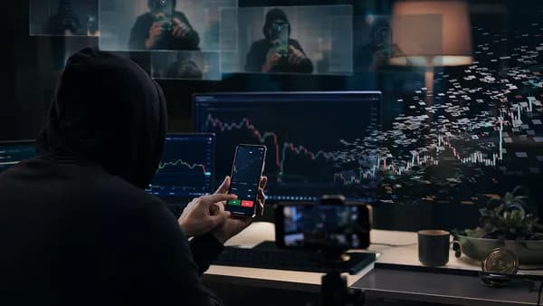 Influencer filming a generic betting app as abstract market signals glitch, suggesting trust concerns.