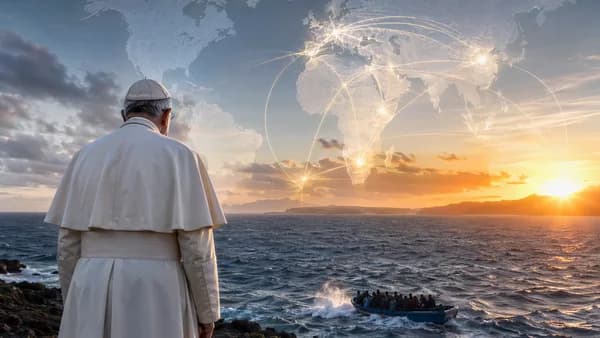 Pontiff overlooks migrant boat near Canary Islands with global connection map backdrop.