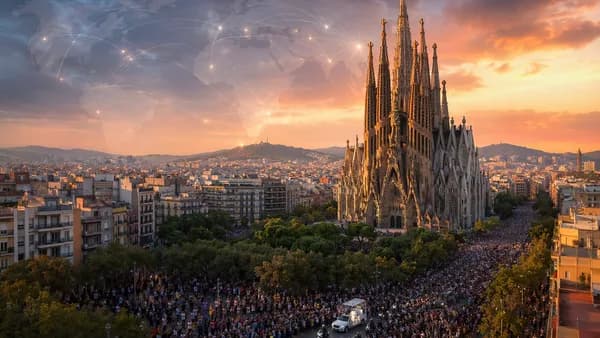 Crowds fill Barcelona near Sagrada Família during a papal visit, with global connection lines overhead.
