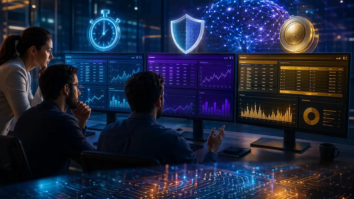 Developers compare database GUI dashboards in a sleek tech workspace with speed, security, and cost motifs.