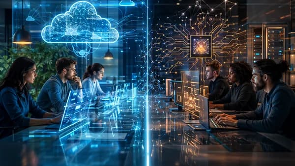 Developers split between cloud API collaboration and local Git-based testing in a futuristic tech workspace