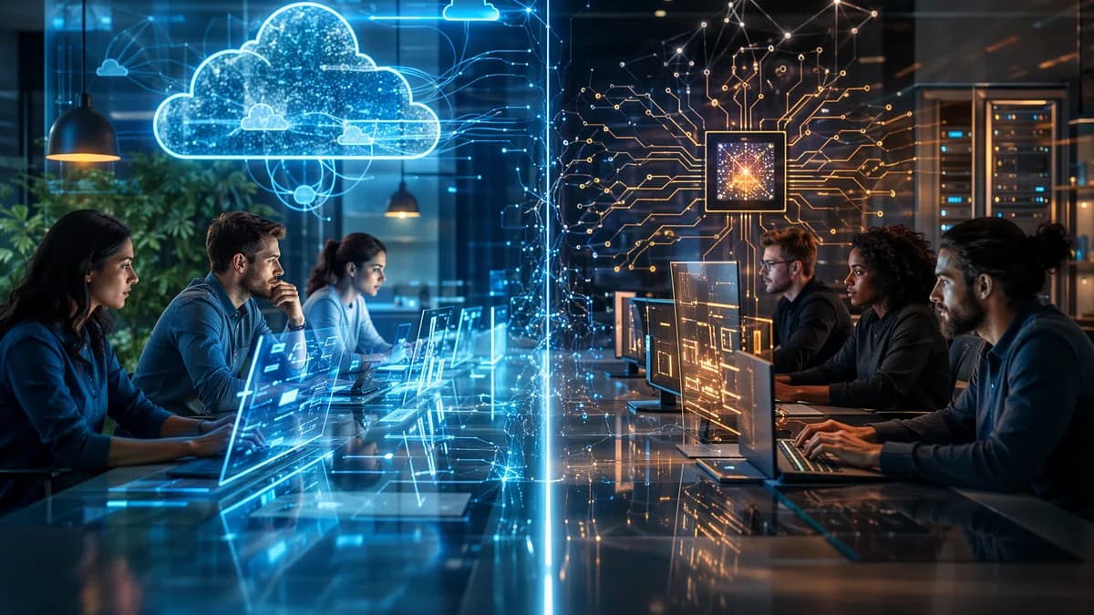 Developers split between cloud API collaboration and local Git-based testing in a futuristic tech workspace