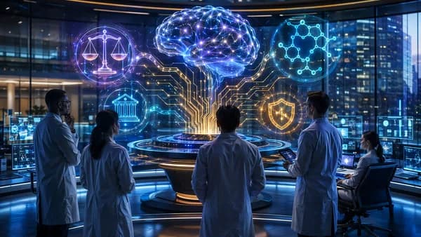 Futuristic AI verification lab with neural networks, circuits, and abstract law, tax, and drug discovery symbols.