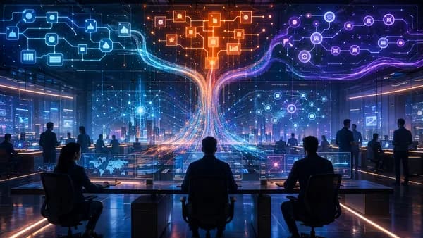 Futuristic ML orchestration workspace with three glowing pipeline streams and engineers monitoring systems.