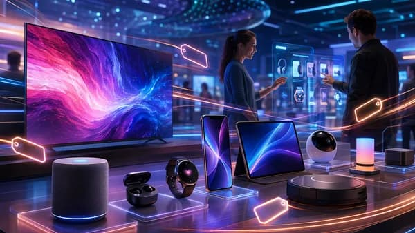 Futuristic tech deal showcase with gadgets, glowing screens, and urgent shopping energy.