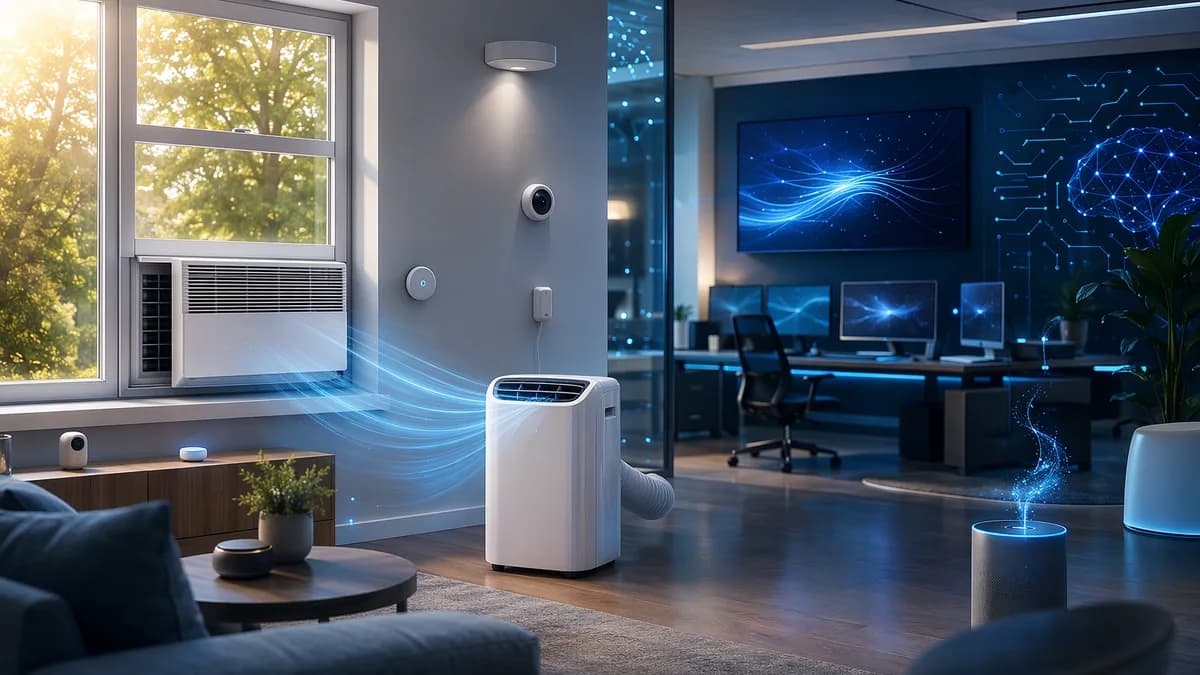 Smart window and portable air conditioners cooling a modern tech-enabled room during summer heat.