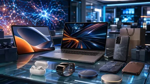 Premium tablets, earbuds, smartwatch, cases, and chargers displayed in a futuristic tech deals workspace.