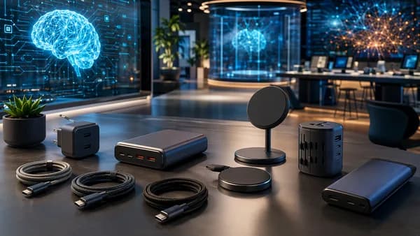 Futuristic desk with organized chargers, cables, wireless pads, and power banks in cinematic tech lighting