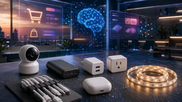 Affordable smart gadgets arranged on a futuristic tech desk with glowing AI screens and circuits.