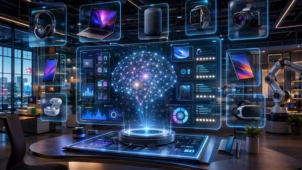 Futuristic workspace showing AI-curated tech deals and gadgets with glowing screens and circuits.