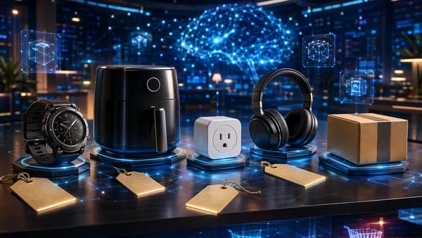 Five generic tech and home deal items in a futuristic shopping workspace after a major sale.