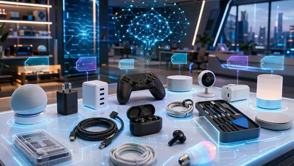 Affordable tech gadgets arranged on a futuristic workstation with screens and circuits.