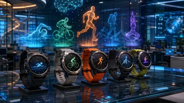Premium sports smartwatches in a futuristic tech workspace with holographic sport silhouettes
