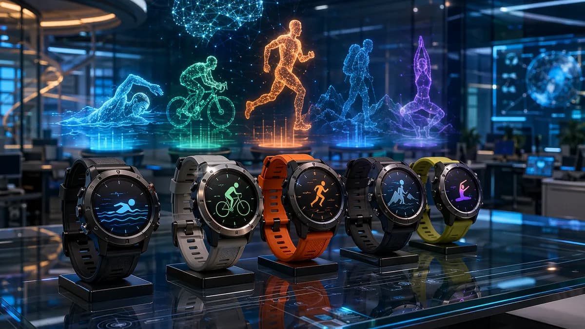 Premium sports smartwatches in a futuristic tech workspace with holographic sport silhouettes