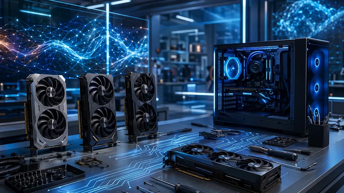 Futuristic workstation with several graphics cards, glowing circuits, and AI network visuals.