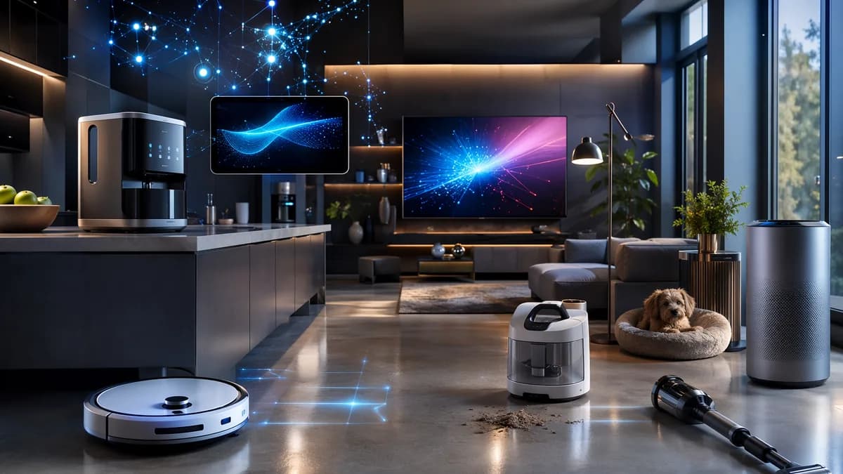 Smart kitchen and living room filled with futuristic home gadgets, robot vacuum, cleaners, and a glowing TV.