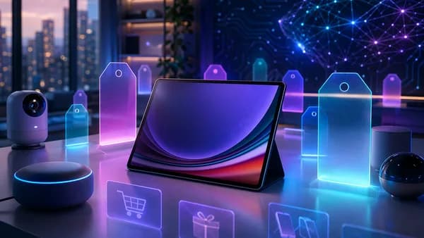 Unbranded tablet in a futuristic workspace with glowing deal-themed shopping elements.