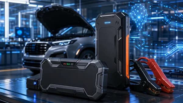 Portable jump starters on a futuristic tech garage workbench with an SUV in the background.