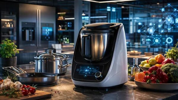 Premium smart kitchen tool on a futuristic countertop with subtle AI displays and circuitry.