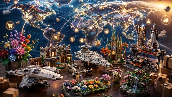 Global online sale scene with toy brick sets, plants, spacecraft, and connected world map backdrop