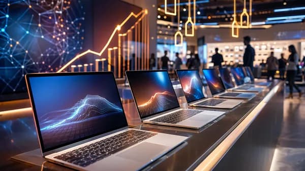 Premium laptops in a futuristic showroom with abstract sale and price-rise visuals, no logos or text.