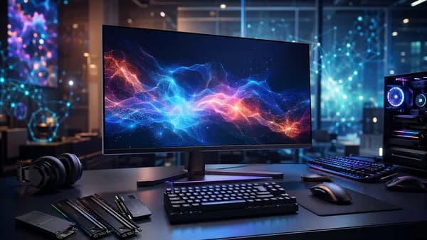 Futuristic desk with monitor, keyboard, mouse, SSDs, RAM, and AI circuit visuals.