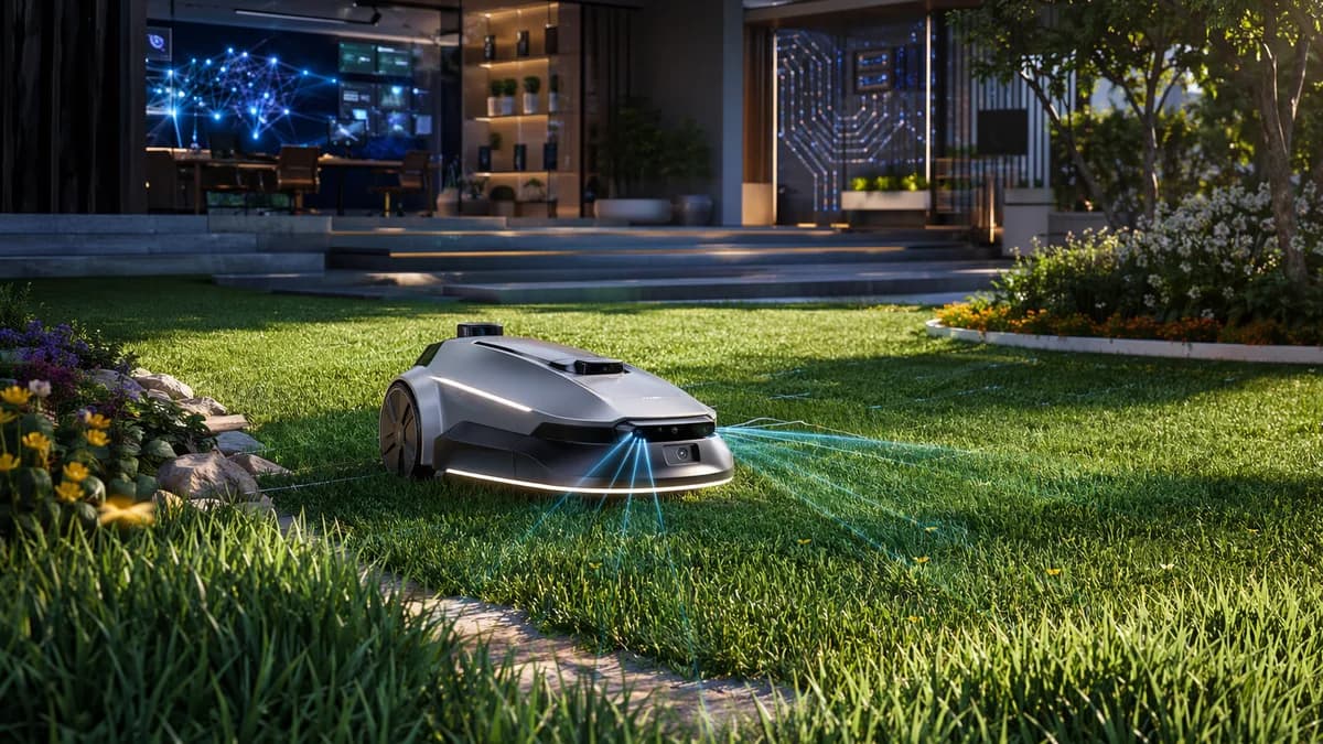 Autonomous robot mower navigating a lush lawn beside a futuristic smart home workspace.