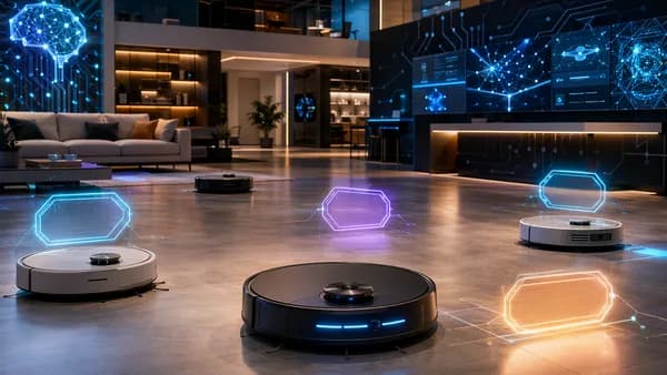 Futuristic showroom with robot vacuums, glowing smart home screens, and abstract deal visuals.