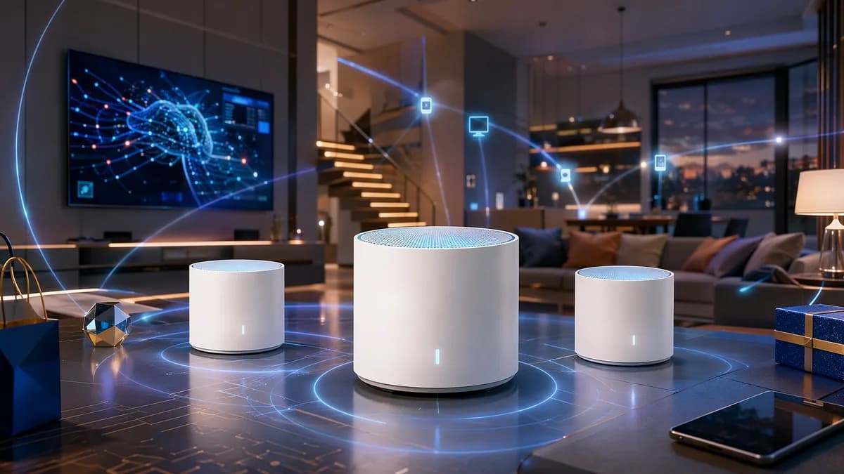 Premium mesh router nodes casting Wi-Fi signals across a modern smart home workspace
