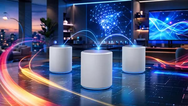 Premium mesh router trio in a futuristic smart home with glowing wireless signals and tech displays.