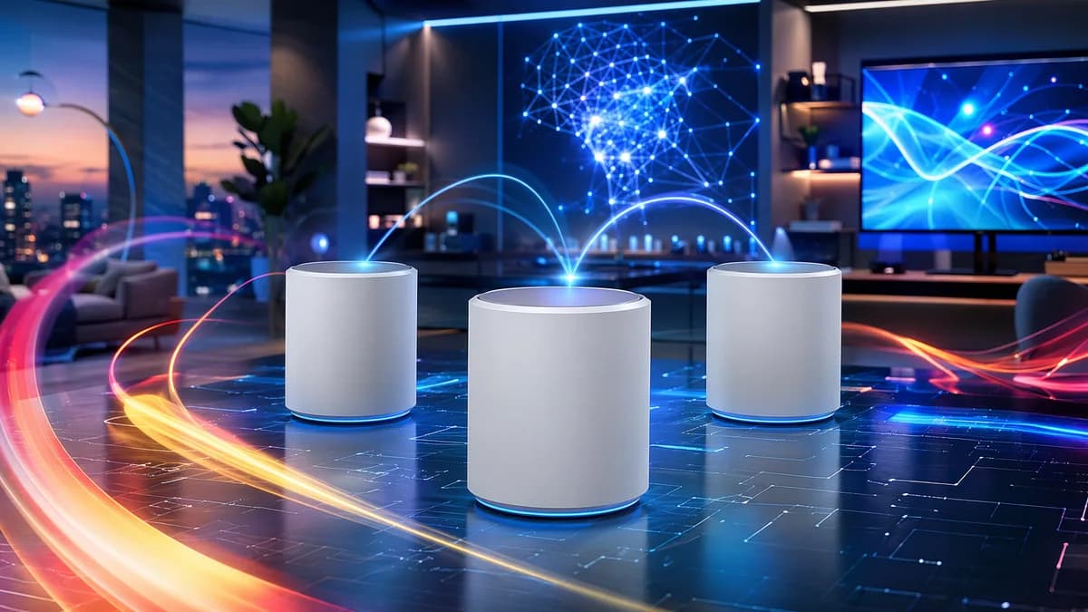 Premium mesh router trio in a futuristic smart home with glowing wireless signals and tech displays.