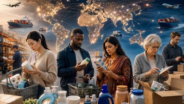 Global e-commerce shoppers and delivery flows over a connected world map, symbolizing cautious deal seeking.