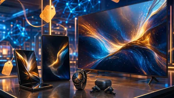 Premium phones, tablets, wearables, and TV displayed in a futuristic tech showroom for early shopping deals.