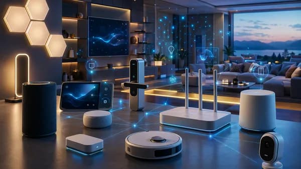 Smart home devices in a futuristic connected living room with glowing network links and cinematic lighting