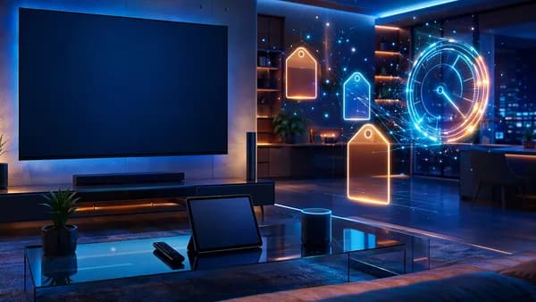 Futuristic streaming setup with blank screens and glowing deal visuals in a sleek tech workspace.