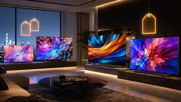 Modern showroom with premium 4K TVs and abstract sale visuals, suggesting smart Prime Day tech deals.