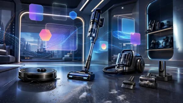 Smart vacuums in a futuristic tech showroom with glowing screens, circuits, and cleaning tools.
