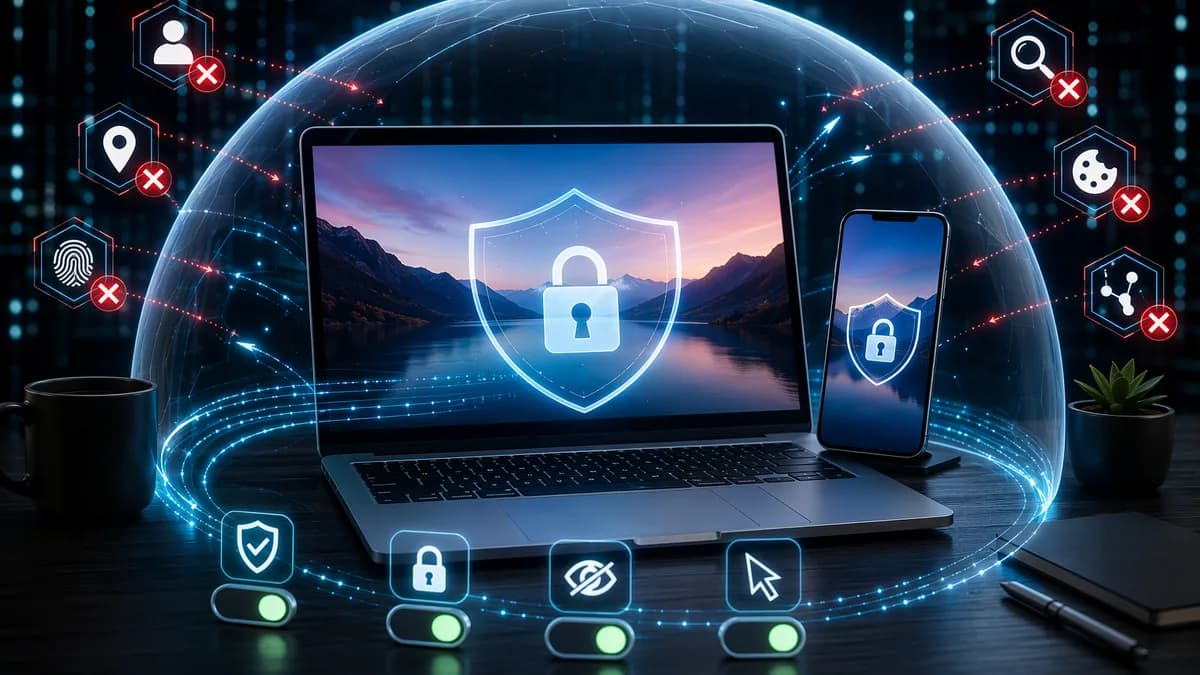 Laptop and phone protected by glowing privacy shields blocking trackers and data leaks