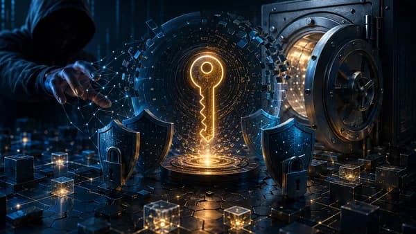 Glowing private key protected by shields and locks amid dark crypto cybersecurity threats.