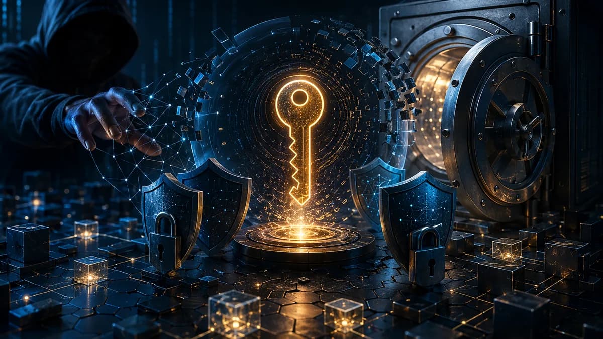 Glowing private key protected by shields and locks amid dark crypto cybersecurity threats.
