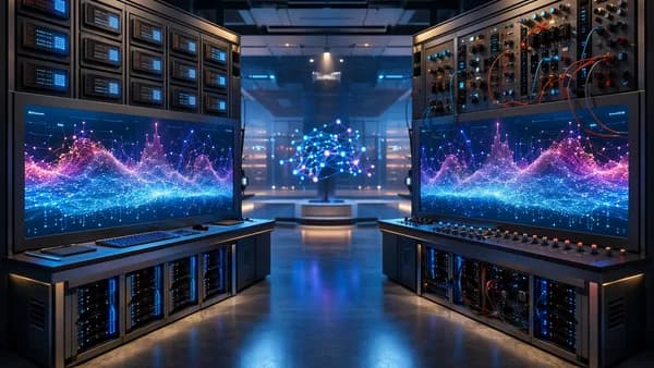 Mirrored AI training workstations showing structure versus control in a futuristic GPU lab.