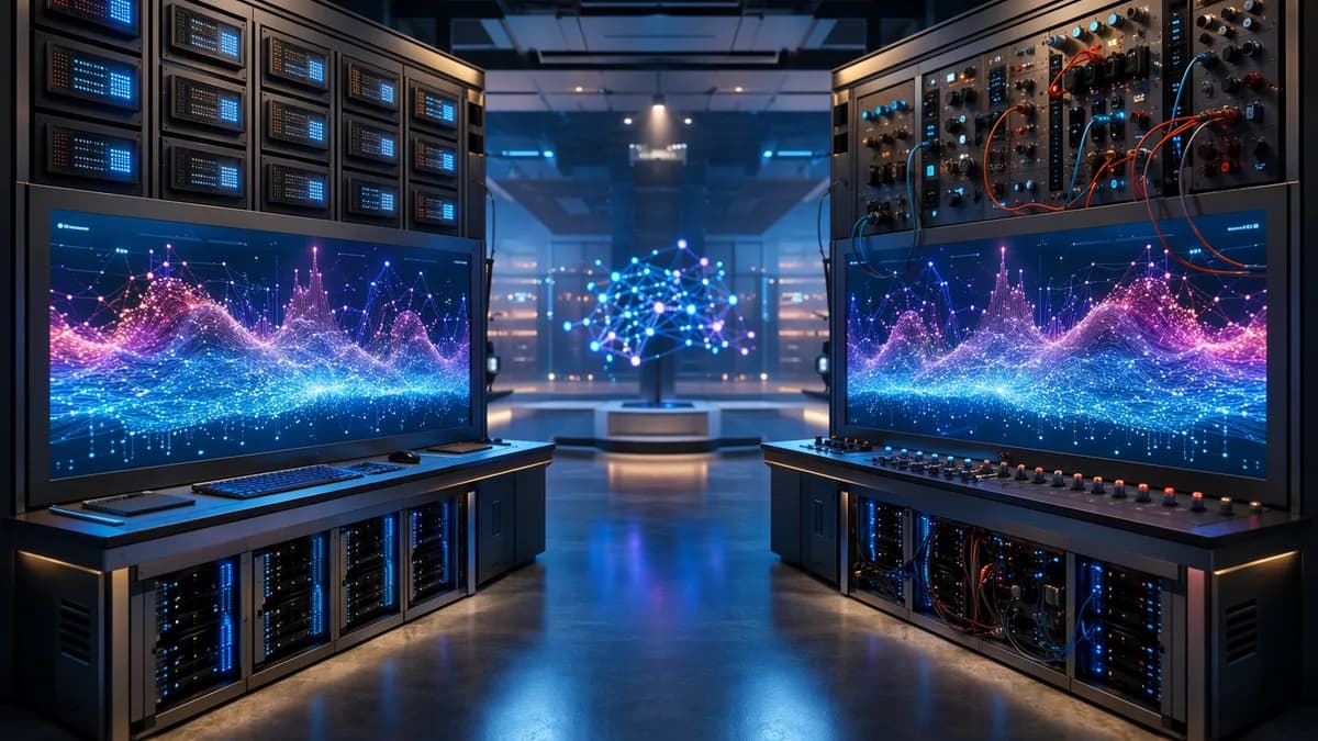 Mirrored AI training workstations showing structure versus control in a futuristic GPU lab.