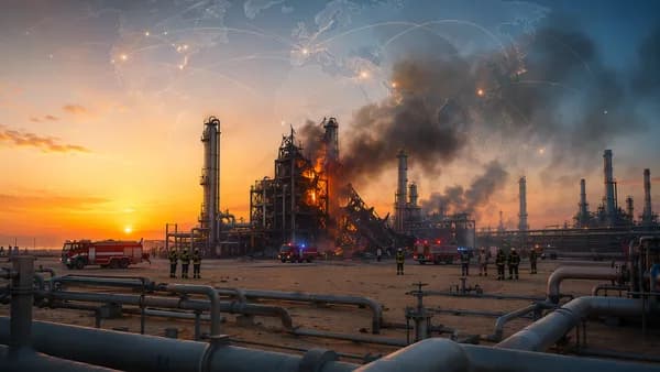 Smoke rises from a Qatar gas facility with emergency response and global energy map overlay.