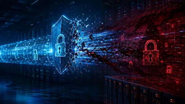 Dark cybersecurity scene of a VPN gateway breached by ransomware with shields, locks, and data streams.